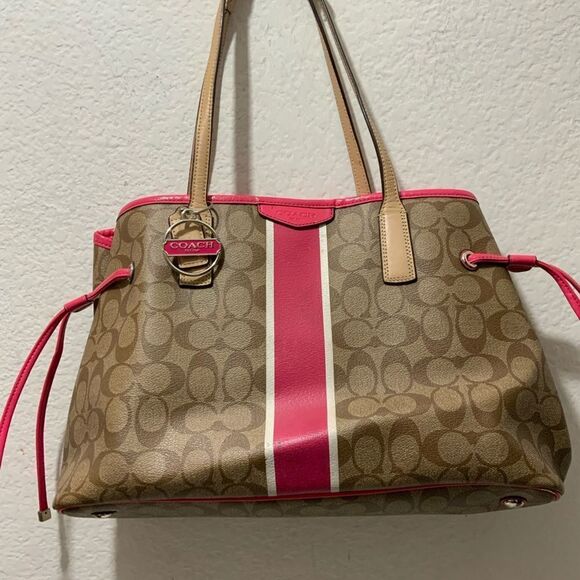 Coach Signature Bag F29084 Carryall Large Tote Drawstring Khaki Pomegranate Brow - Picture 2 of 14